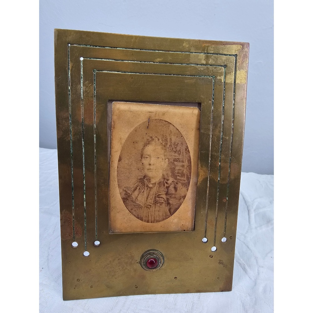 Antique Art Nouveau Brass Frame with‎ Red Jewel & Amsterdam Cabinet Card Photo